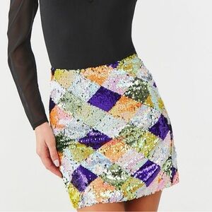 FOREVER21 Sequin Mini Skirt Sz M Multicolor Argyle Taylor Swift Sparkle